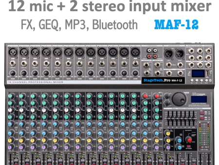 (E39) MAF-12 - 12x Mic PreAmps + 2 Stereo Line, MP3 bluetooth player, 3 band EQ, effects (StageTech.Pro) Online now